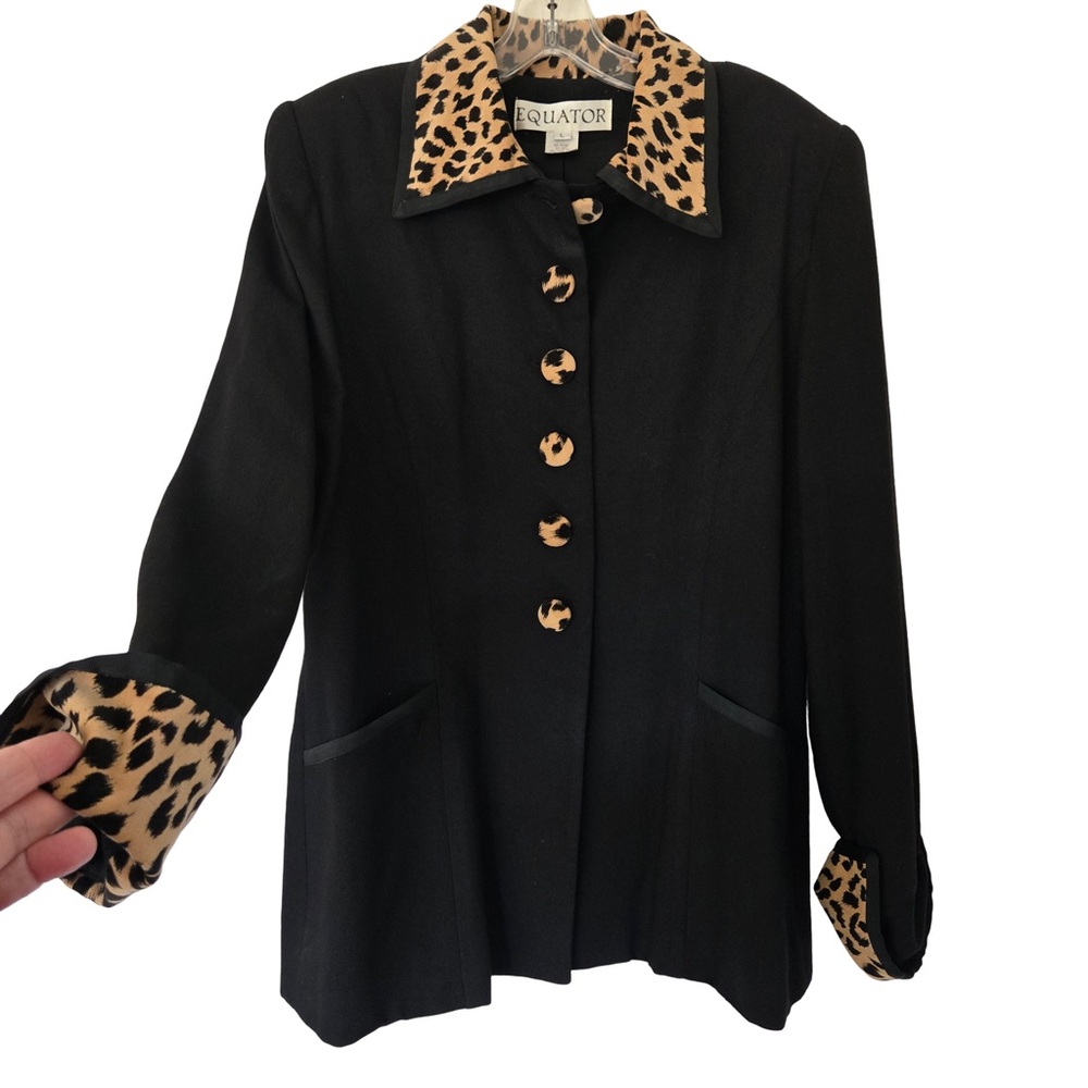 Vintage Equator Black Blazer Jacket Leopard Trim | Made in USA | Size L